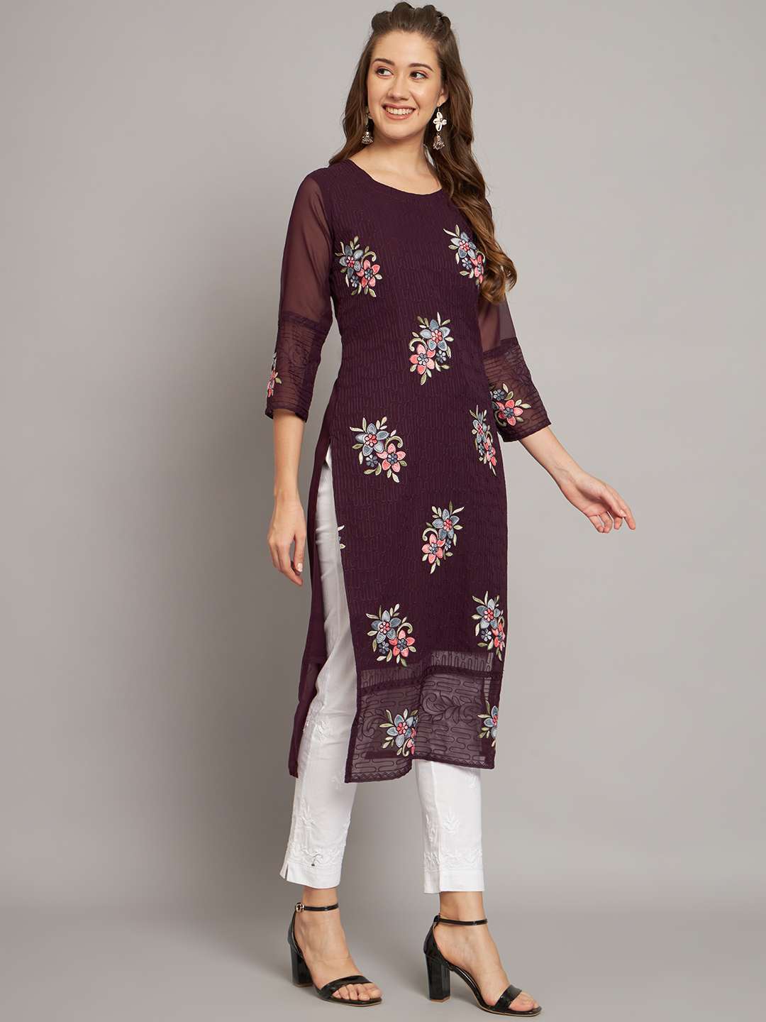 White Flower Georgette Straight Embroidered Kurta