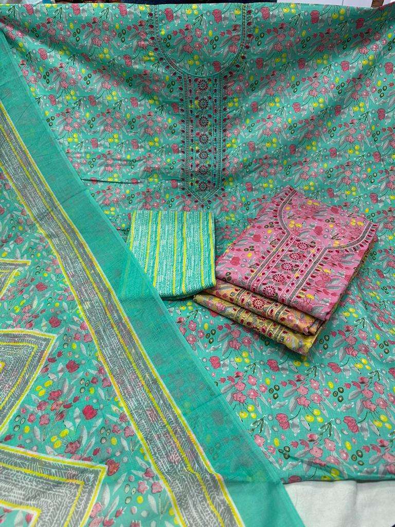 boss cambric print with embroidery neck color matching sets ladies suits