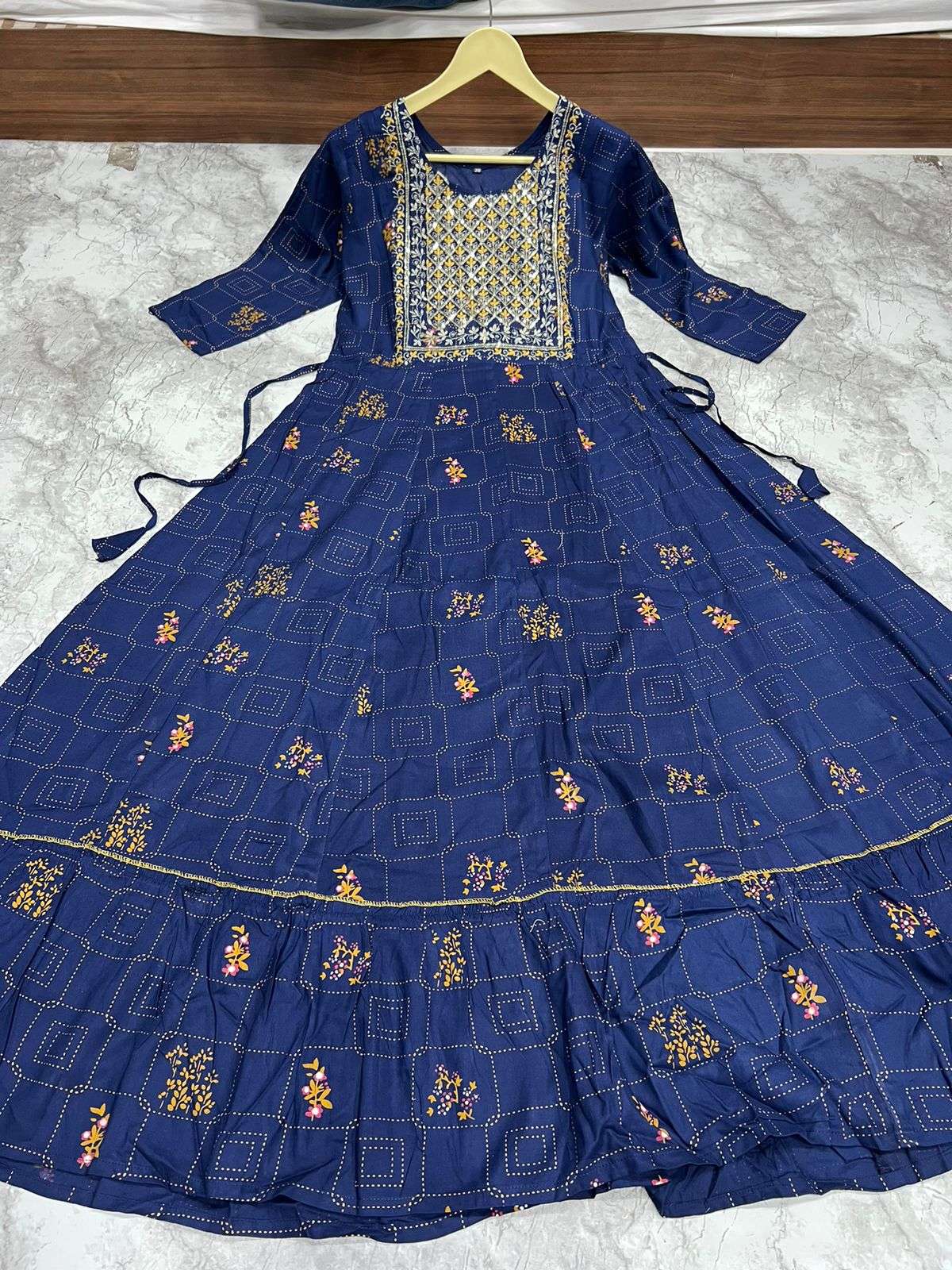 nayanthara Heavy Rayon Multi Gold Print gown