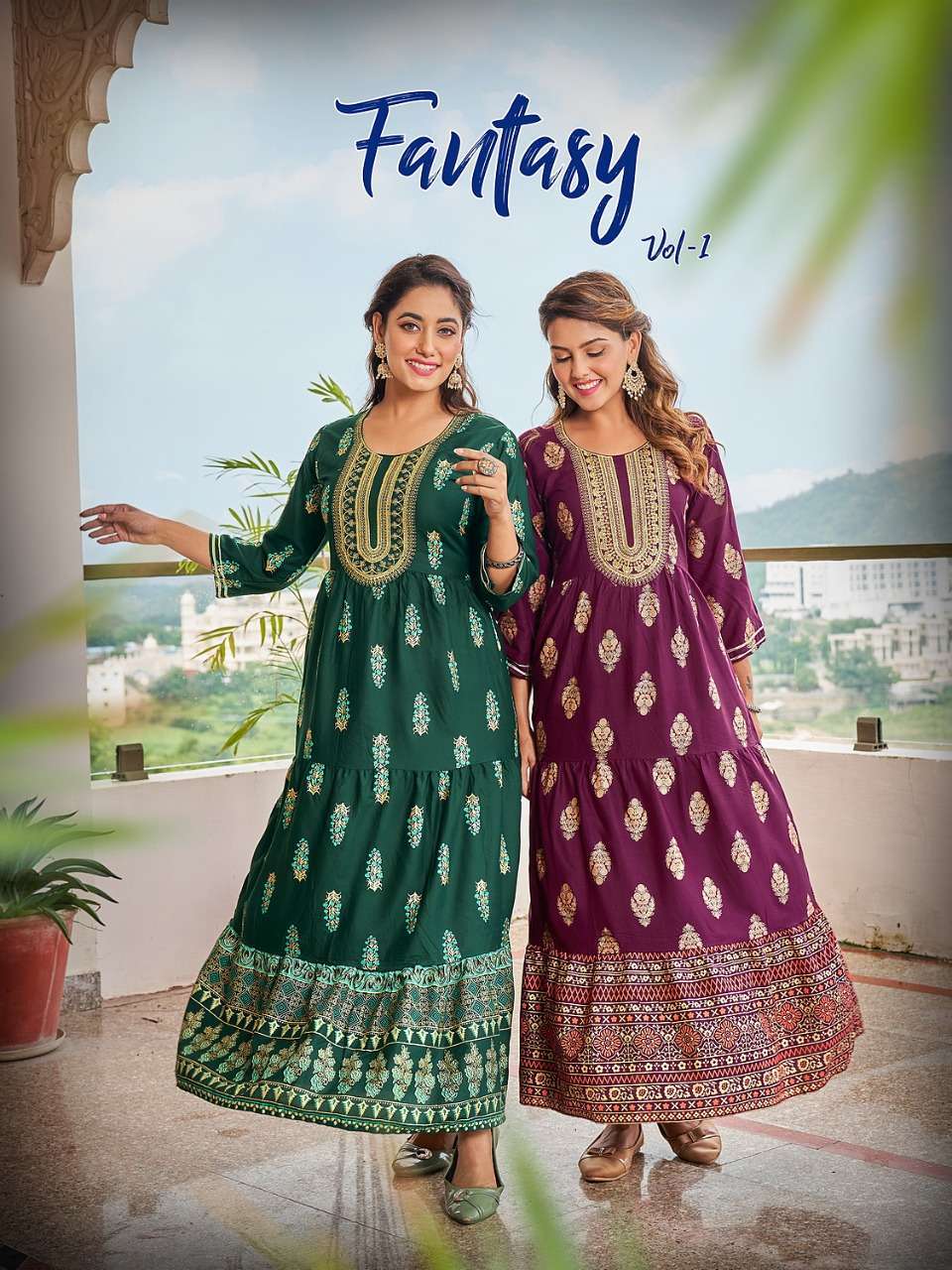 viyaa fantasy series 1001-1008 Pure 14 Kg Rayon Print Gold kurti