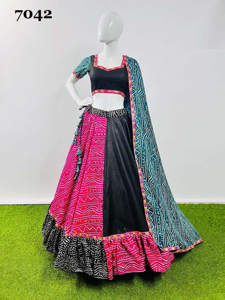 aawiya 7042 bandhani printed cotton silk lehenga