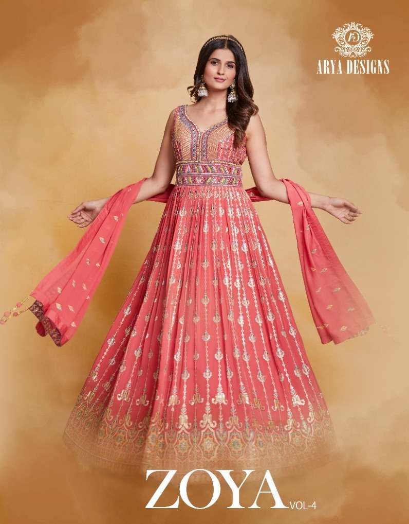 arya designs zoya vol 4 series 78001-78006 georgette gown with dupatta 