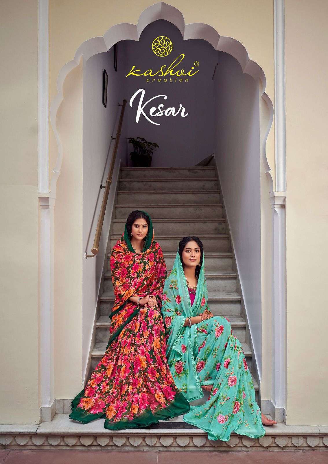 kashvi creation kesar series 1001-1008 heavy georgette floral prints saree