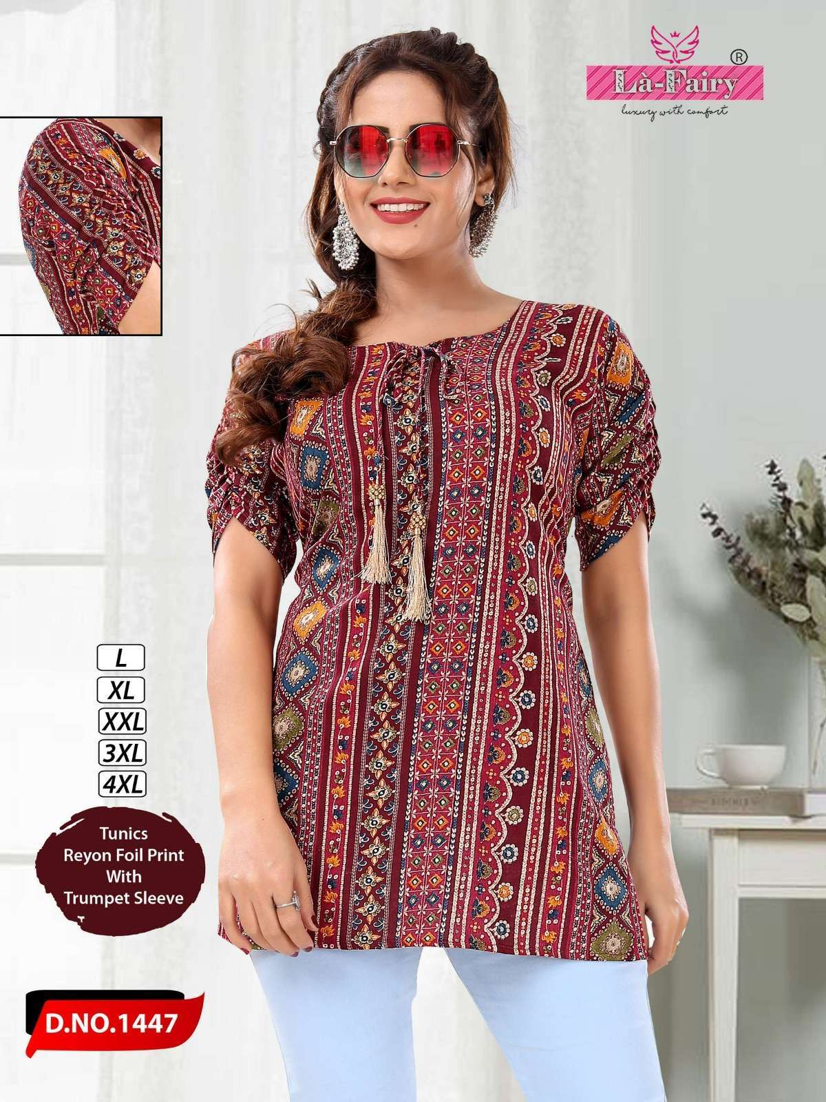 la fairy 1443-1447 fancy rayon foil print tunic tops