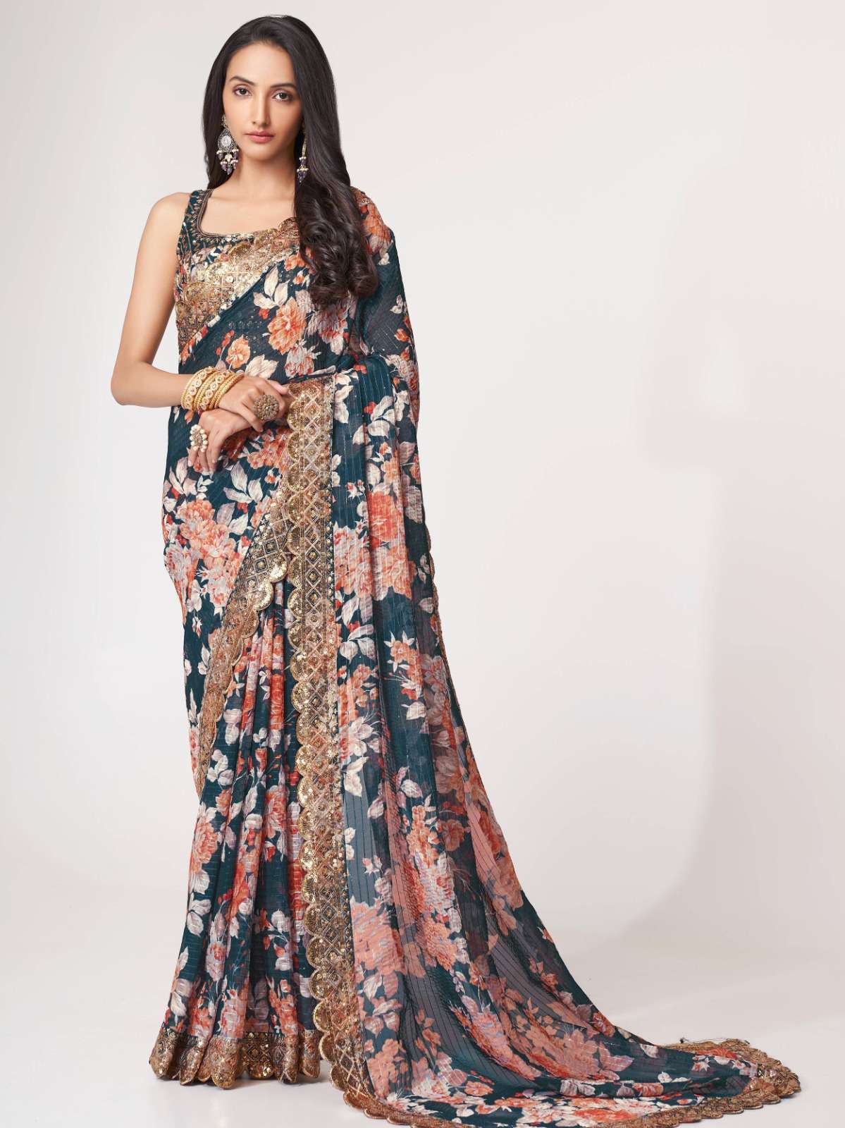 pr 1104 fancy floral printed organza single design saree