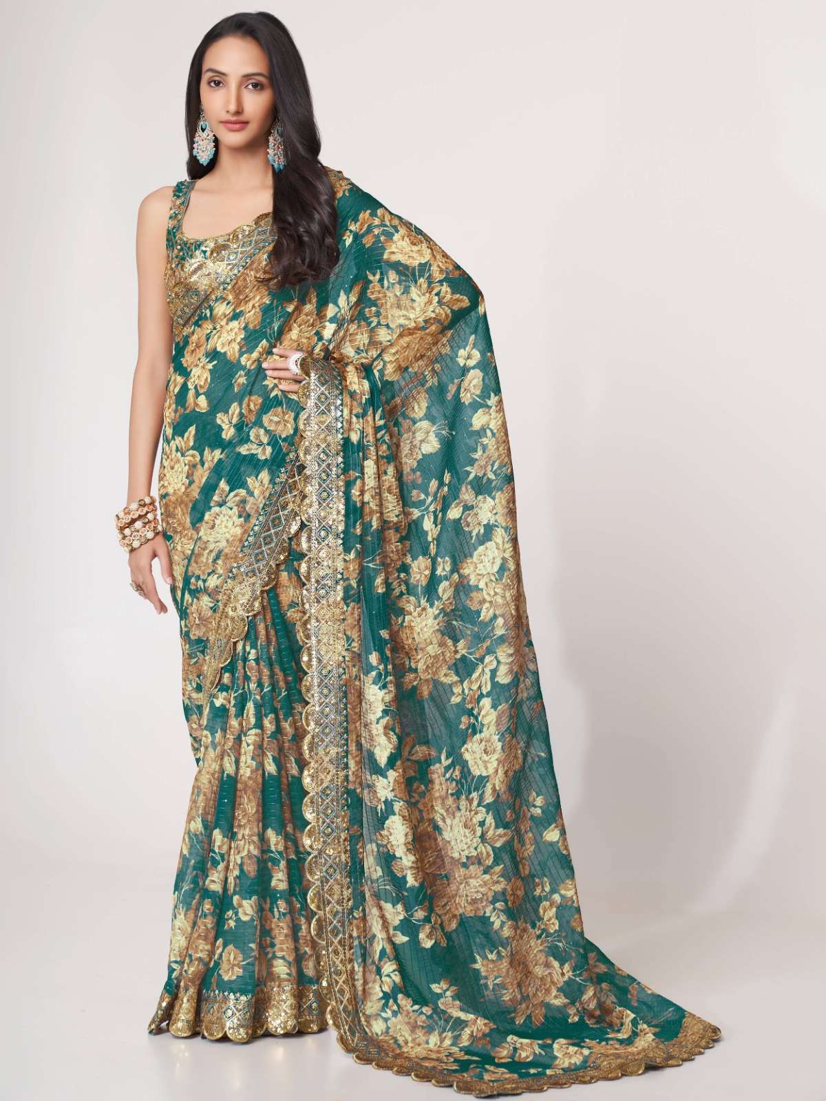 pr 1106 floral digital print teal blue color organza saree