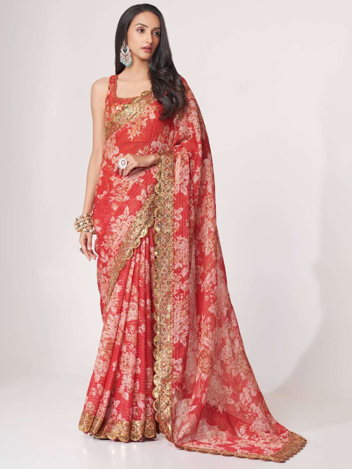 pr 1107 fancy organza digital print red color single saree