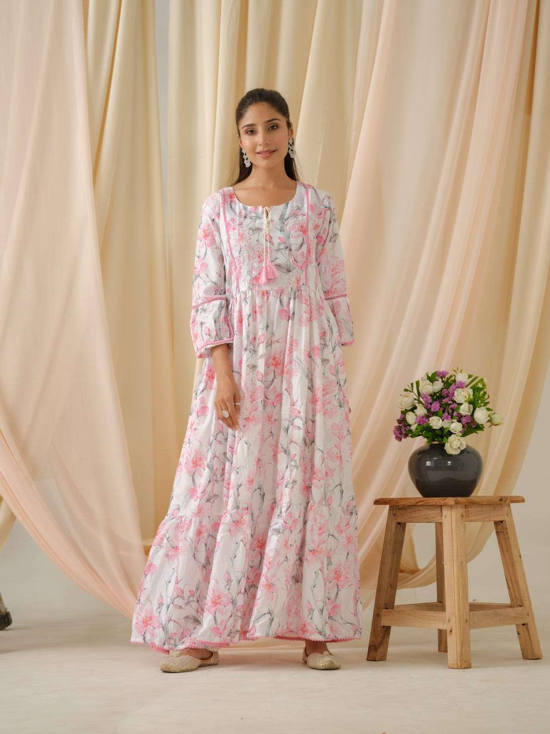 psyna 1803 floral print fancy linen gown combo set