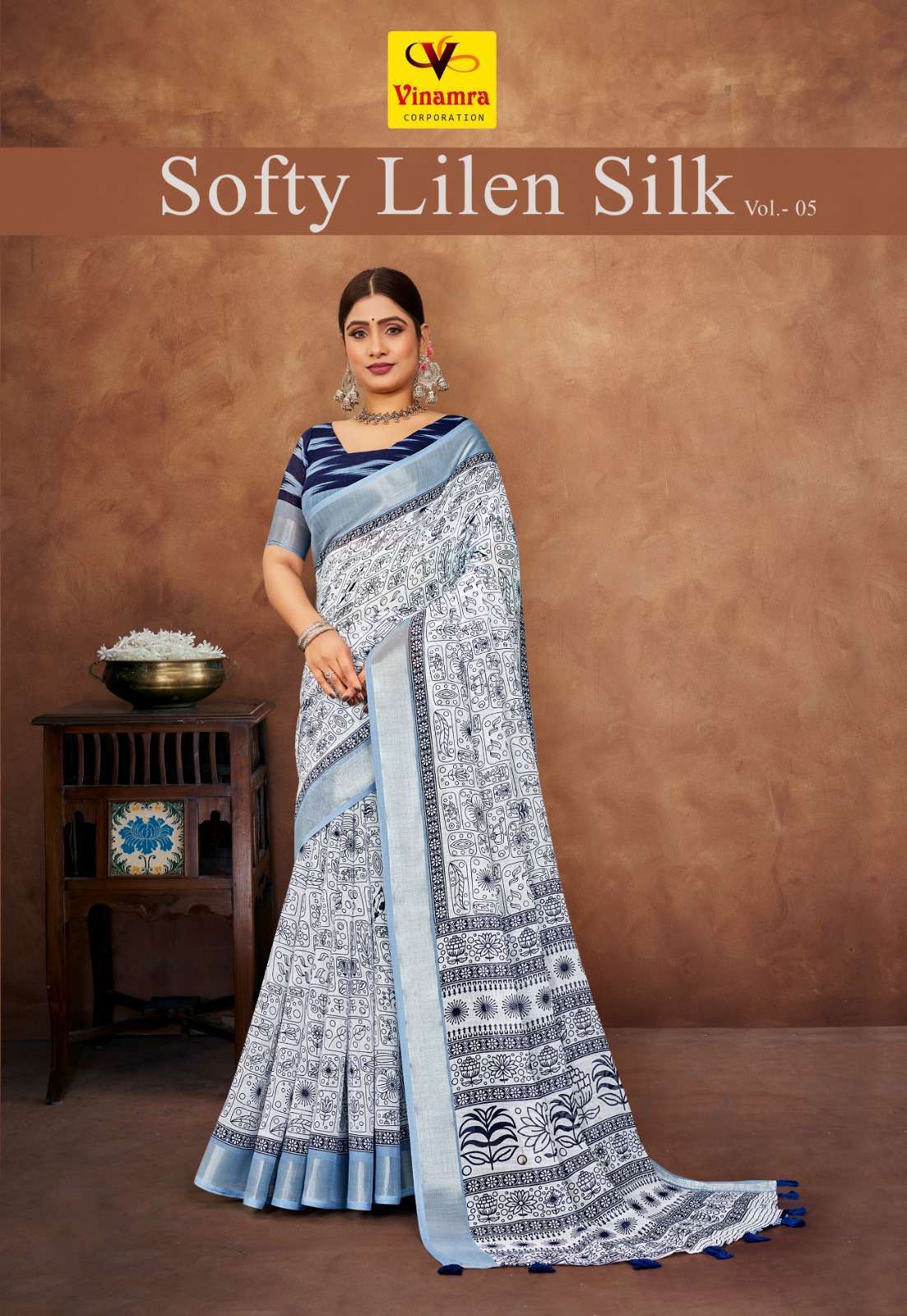 vinamra softy lilen silky vol 5 series 1029-1036 lilen patta saree
