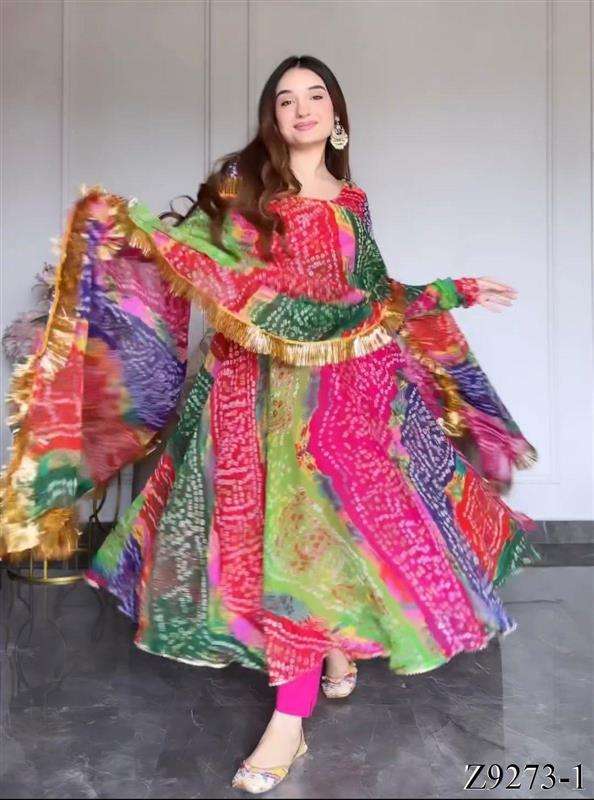 X-lady feautring solid faux georgette bandhni print gown