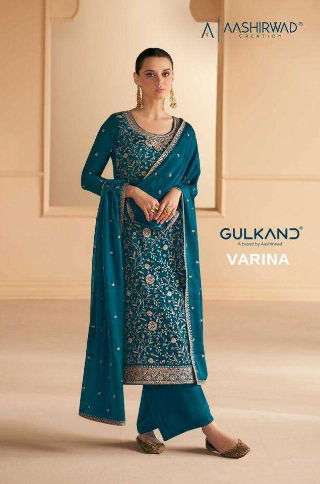 aashirwad varina series 9695-9700 soft silk satin suit 