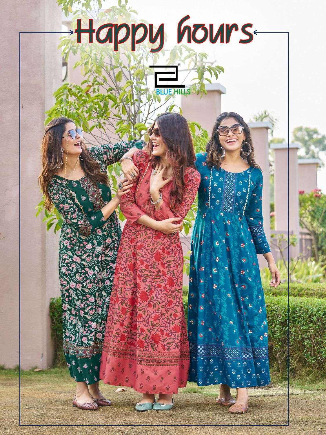 blue hills happy hours series 1001-1008 14 kg rayon foil print kurti 