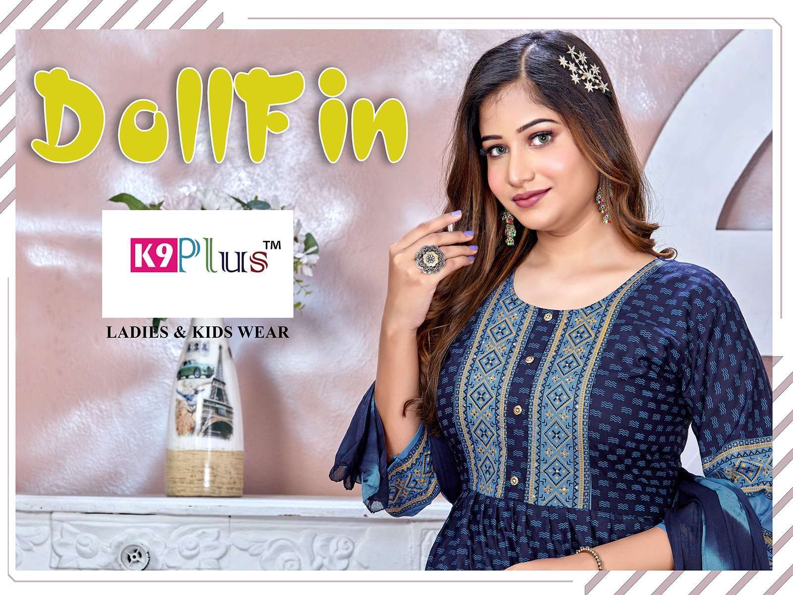 k9 plus dollfin series 5001-5006 reyon heavy print kurti with bottom