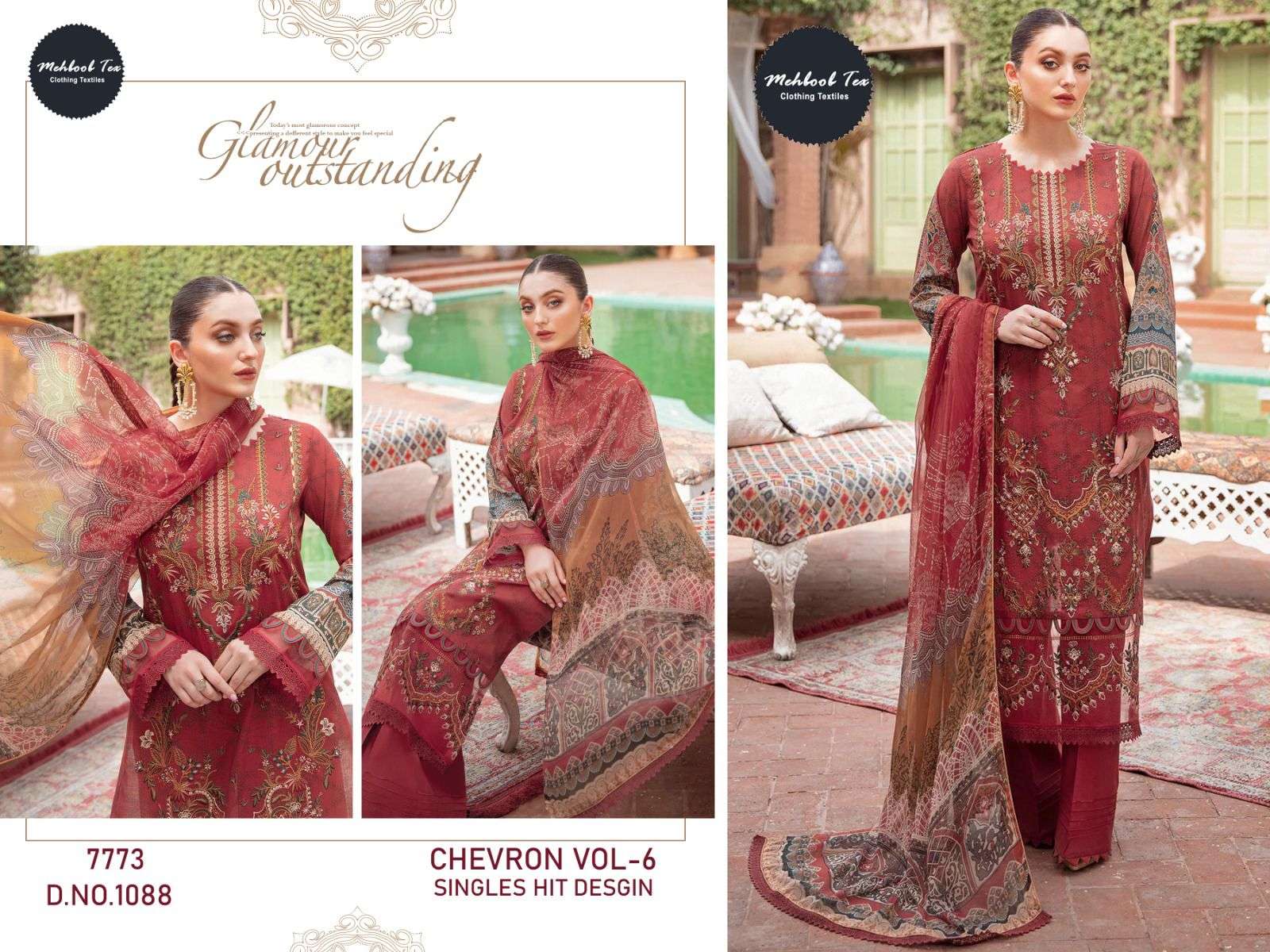 Mehboob tex chevron luxury lawn collection vol 6 1088 designer semi lawn suit