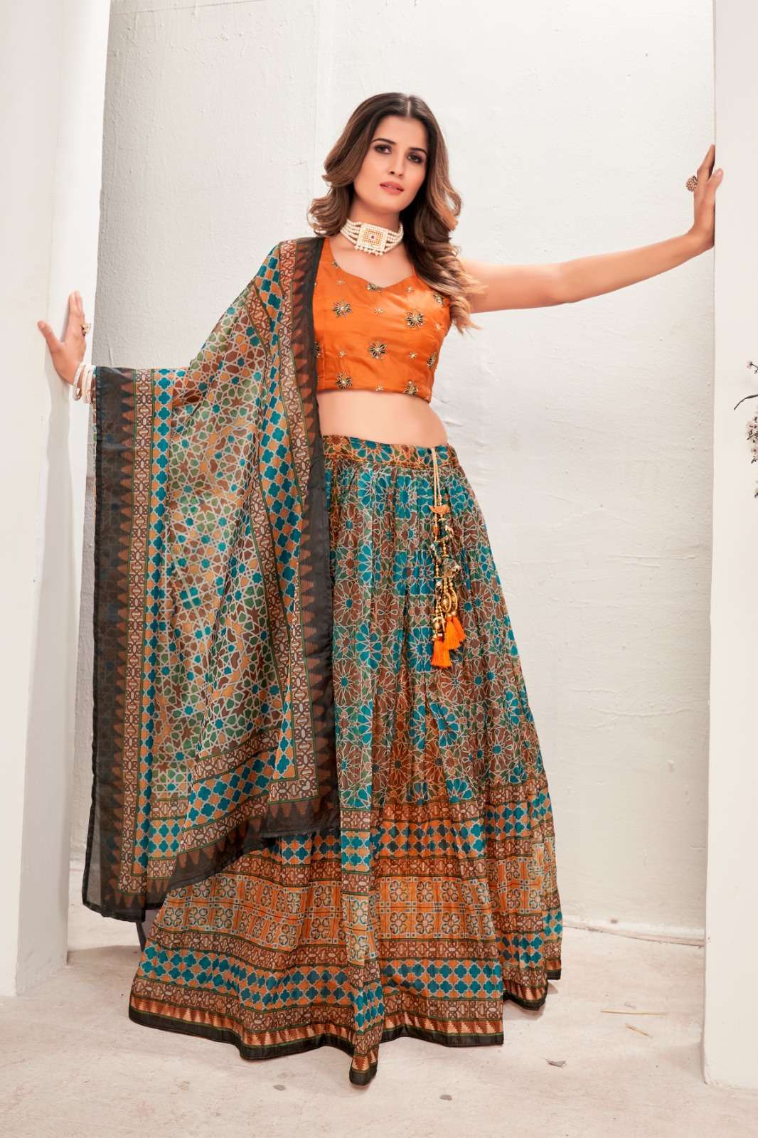 pr c 10576 designer readymade crop top with organza print work lehenga and dupatta