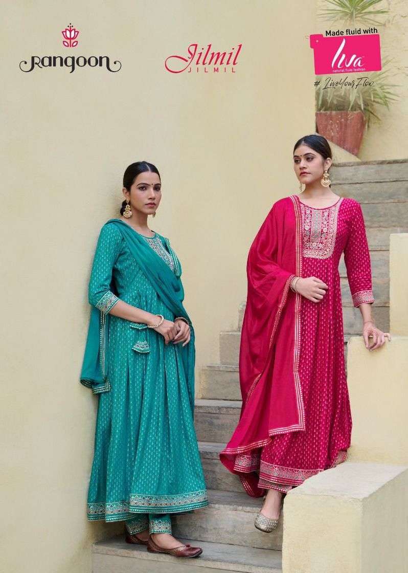 rangoon jilmil series 4431-4434 Rayon Print readymade suit 