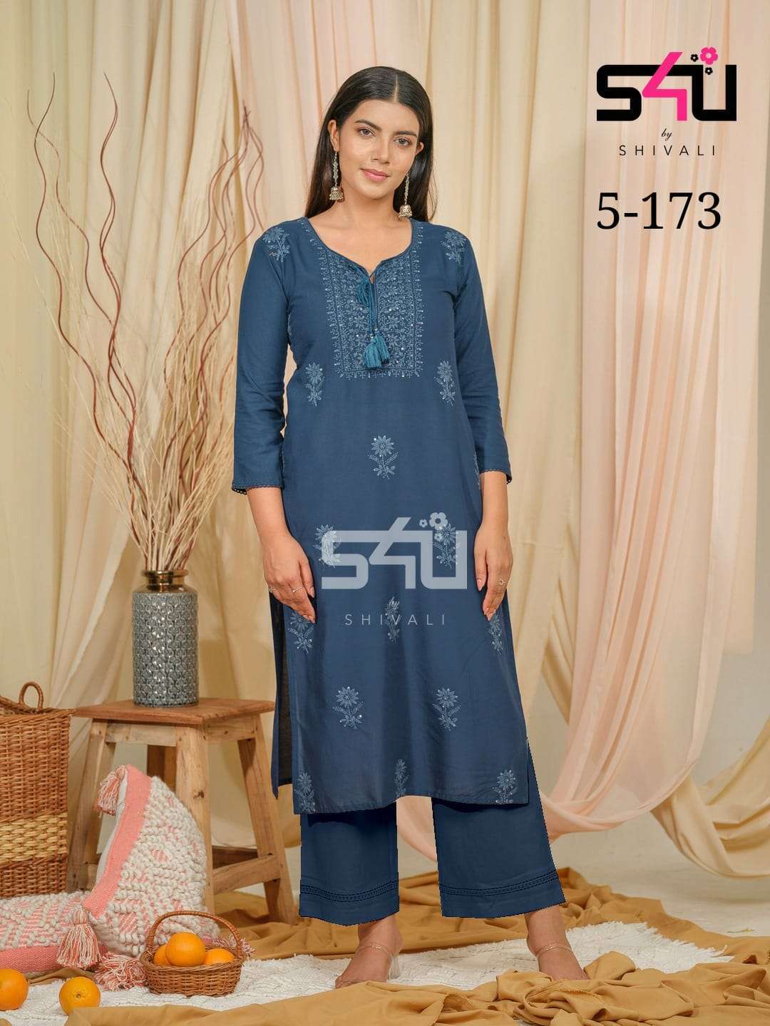 s4u pr 5-173 fancy fantastic work kurti and pant combo set