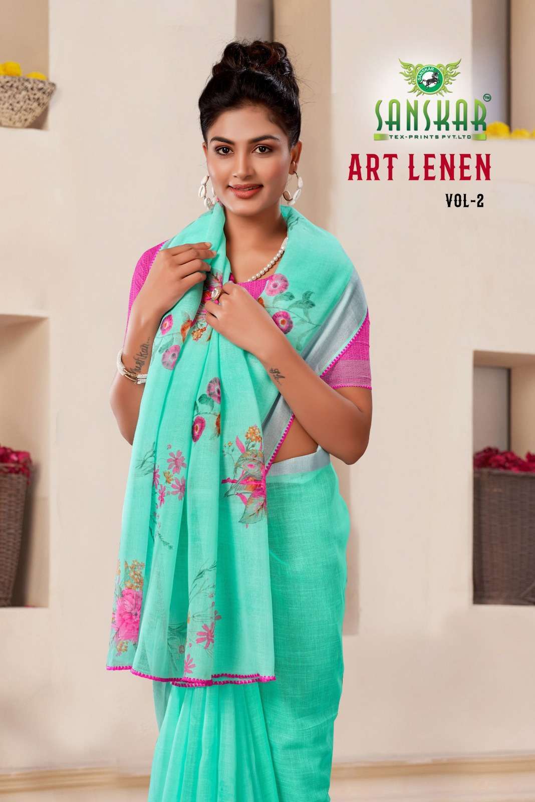 sanskar tex art lenen vol 2 series 18009-18016 soft linen saree