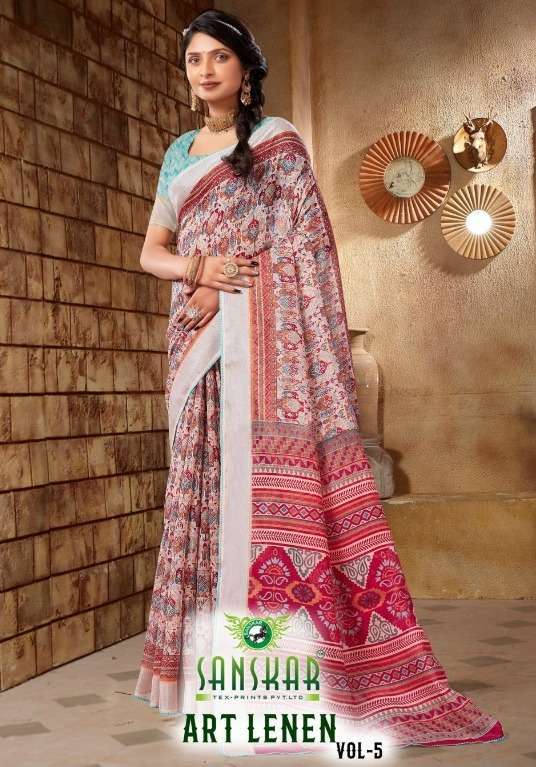 sanskar tex art lenen vol 5 series 18036-18043 soft linen saree