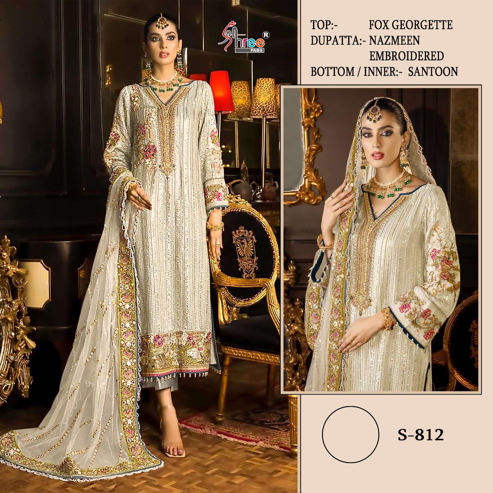 shree fab S-812 designer faux georgette white and black suit 