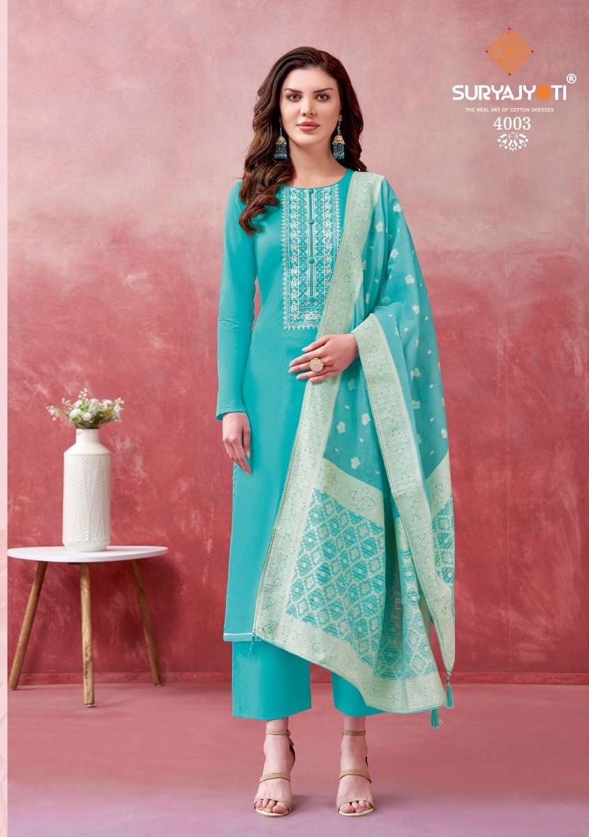 Suryajyoti Khanak Volâ€“4 series 4001-4008 Jam Satin Cotton suit