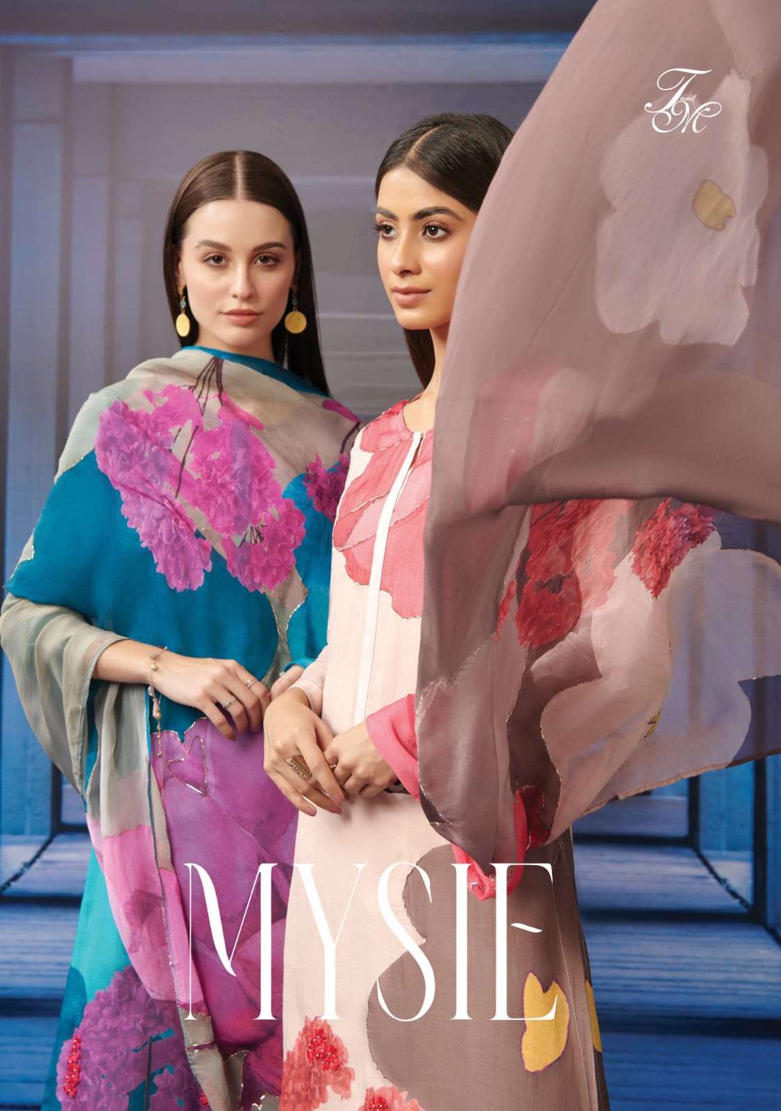 t&M designer mysie organza silk digital print suit