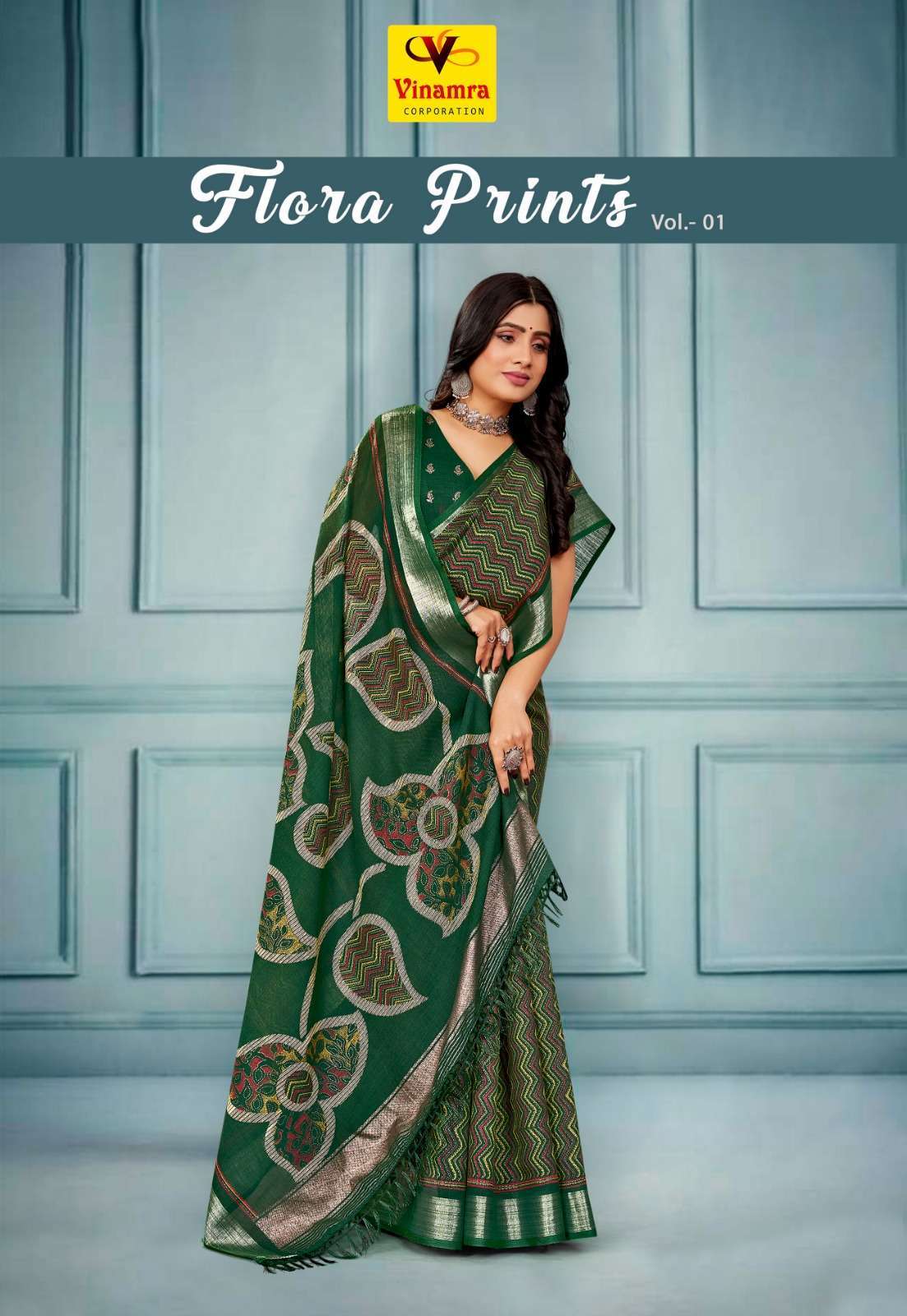 vinamra flora prints vol 1 series 2501-2508 lilen patta foill saree