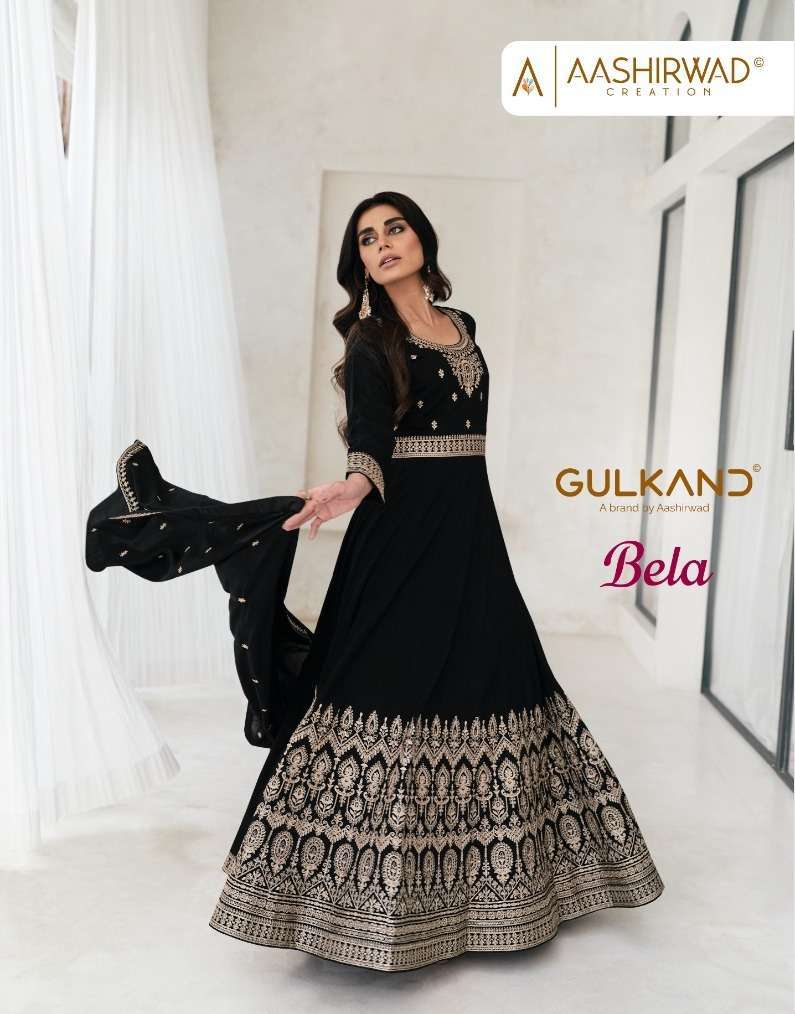 aashirwad bela series 9765-9769 premium silk gown with dupatta