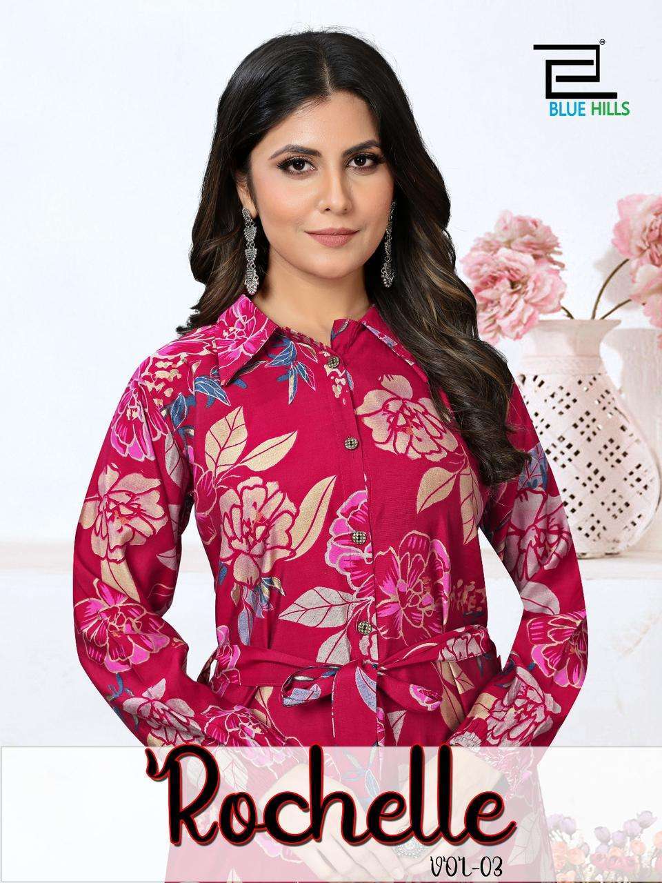 blue hills rochelle vol 3 series 301-303 modal chanderi print kurti 