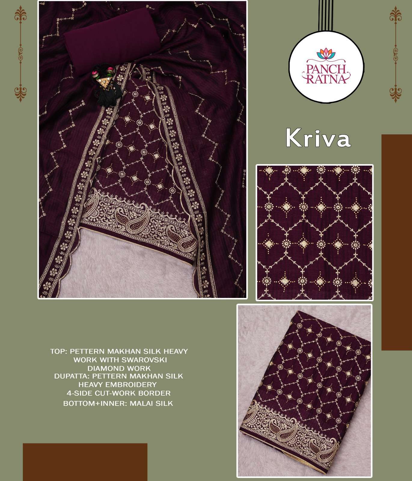 panch ratna kriva Pettern Makhan Silk Heavy Work suit