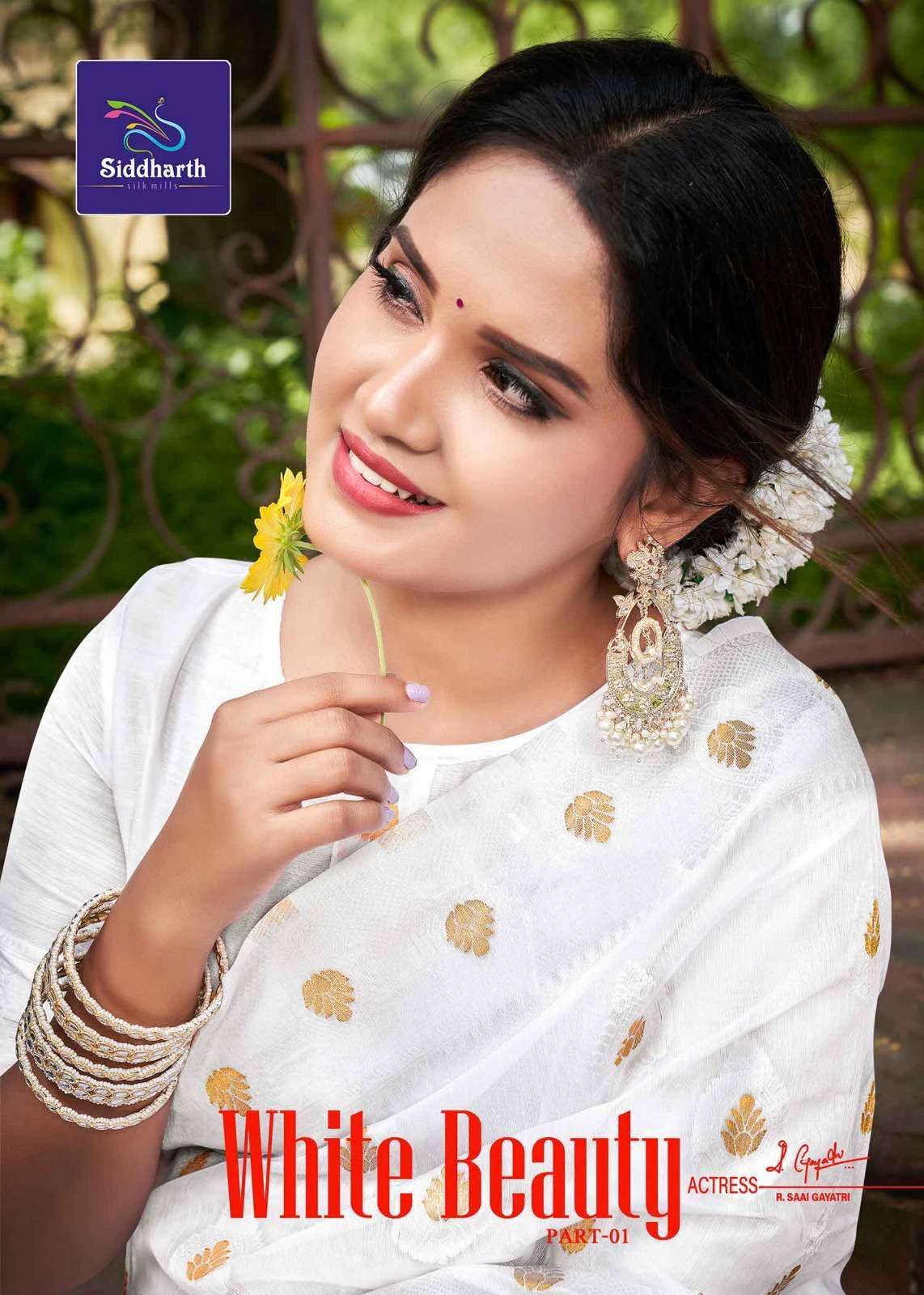 siddharth silk mills white beauty cotton base saree