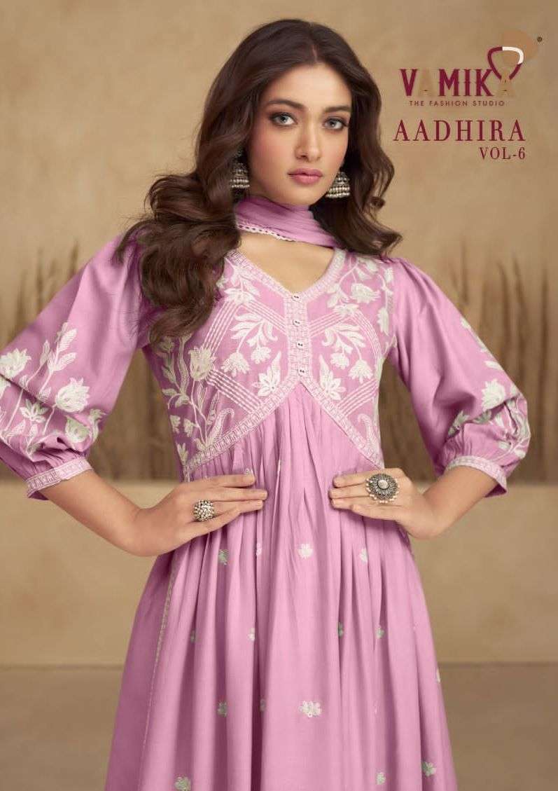 vamika aadhira vol 6 series 1108 pure rayon suit 