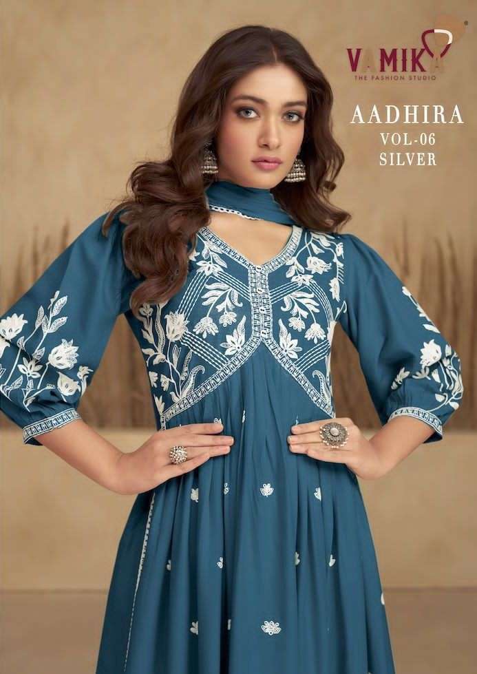 vamika aadhira vol 6 silver series 1108 pure rayon viscose suit 