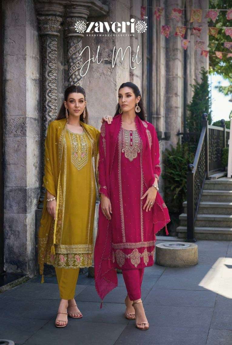zaveri jil mil series 1214-1216 soft organza emboidery work suit