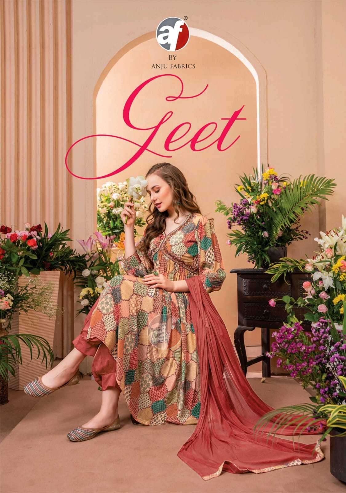anju fab geet series 3371-3376 pure natural crape suit 
