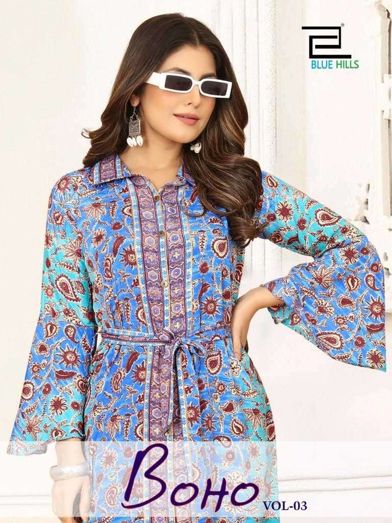 blue hills boho vol 3 series 100 Heavy French crape print kurti
