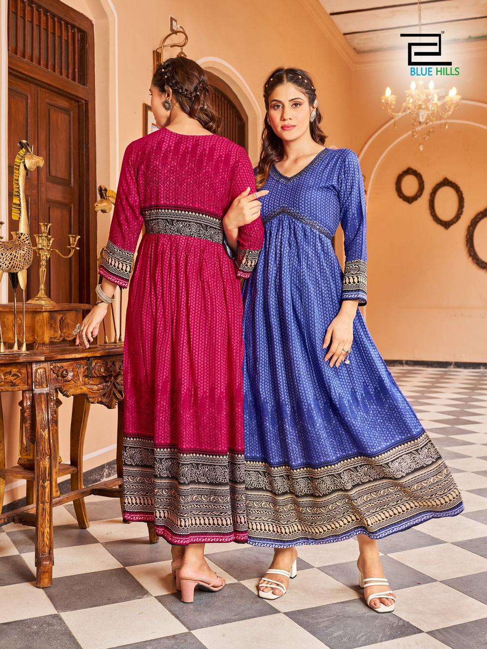 blue hills monaco series 1001-1006 Rayon 14kg procian print kurti