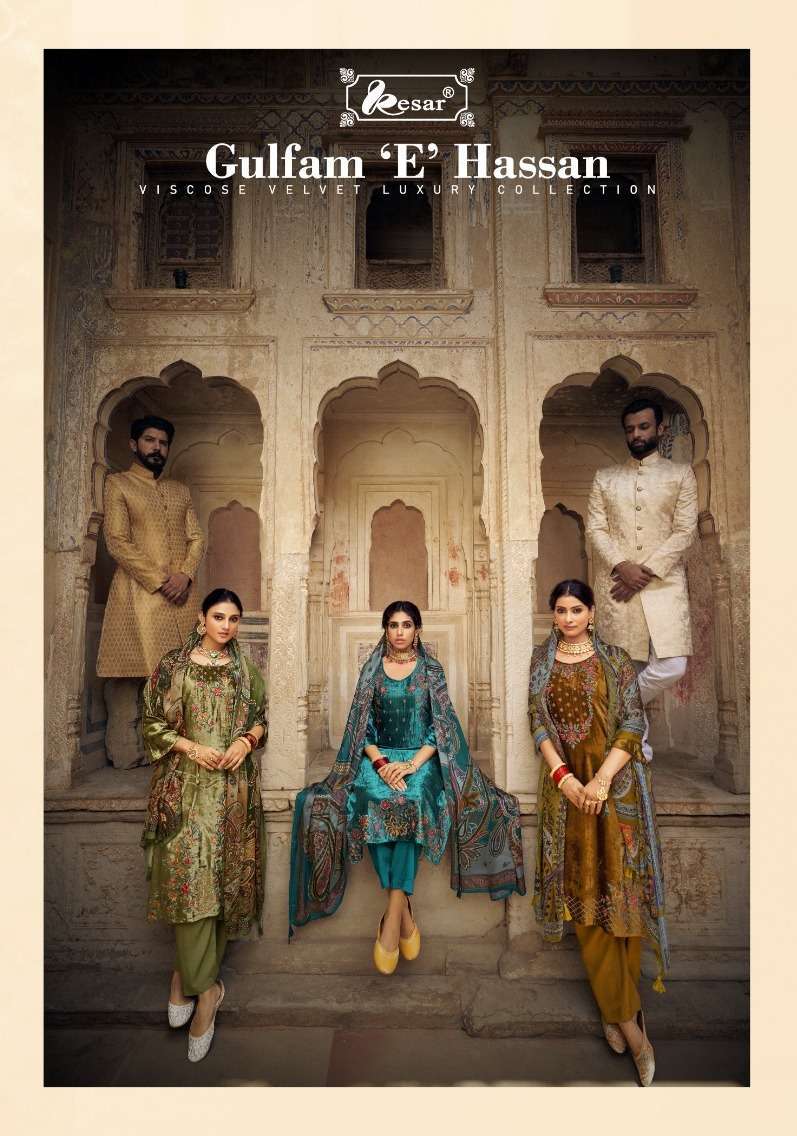 kesar gulfam e hassan series 186001-186004 pure viscose velvet suit