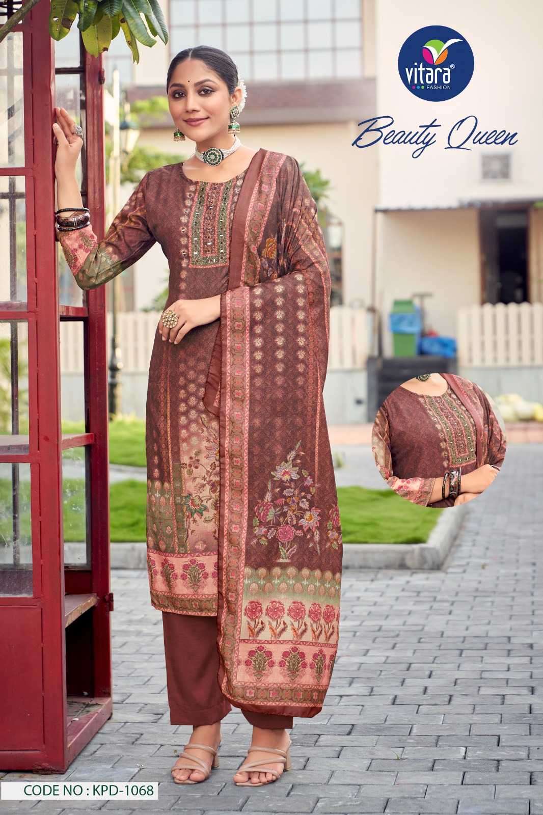 vitara beauty queen series 1068-1071 muslin prints with handwork suit