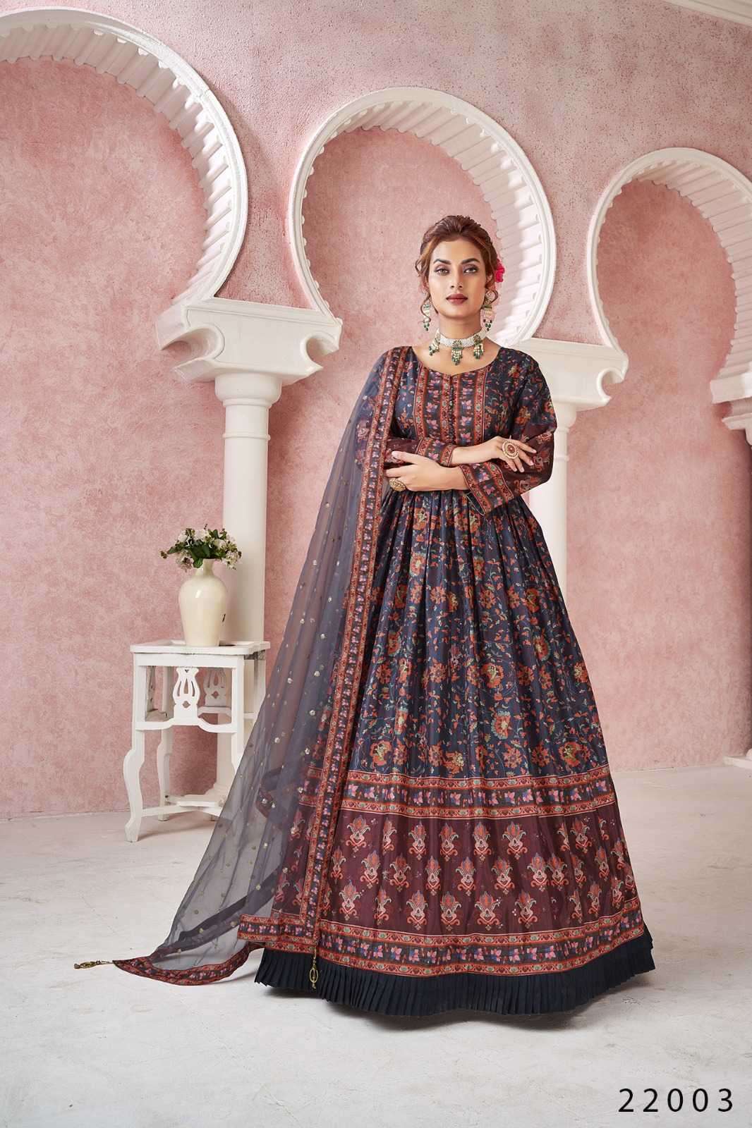 alfaaz kimaya series 22001-22005 dola silk gown with dupatta