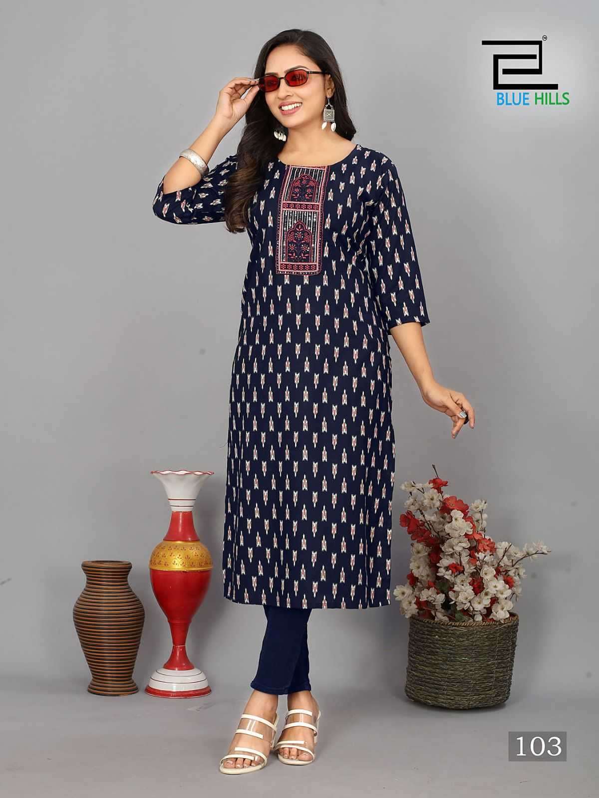 blue hills dreams series 101-106 Rayon Print kurti 