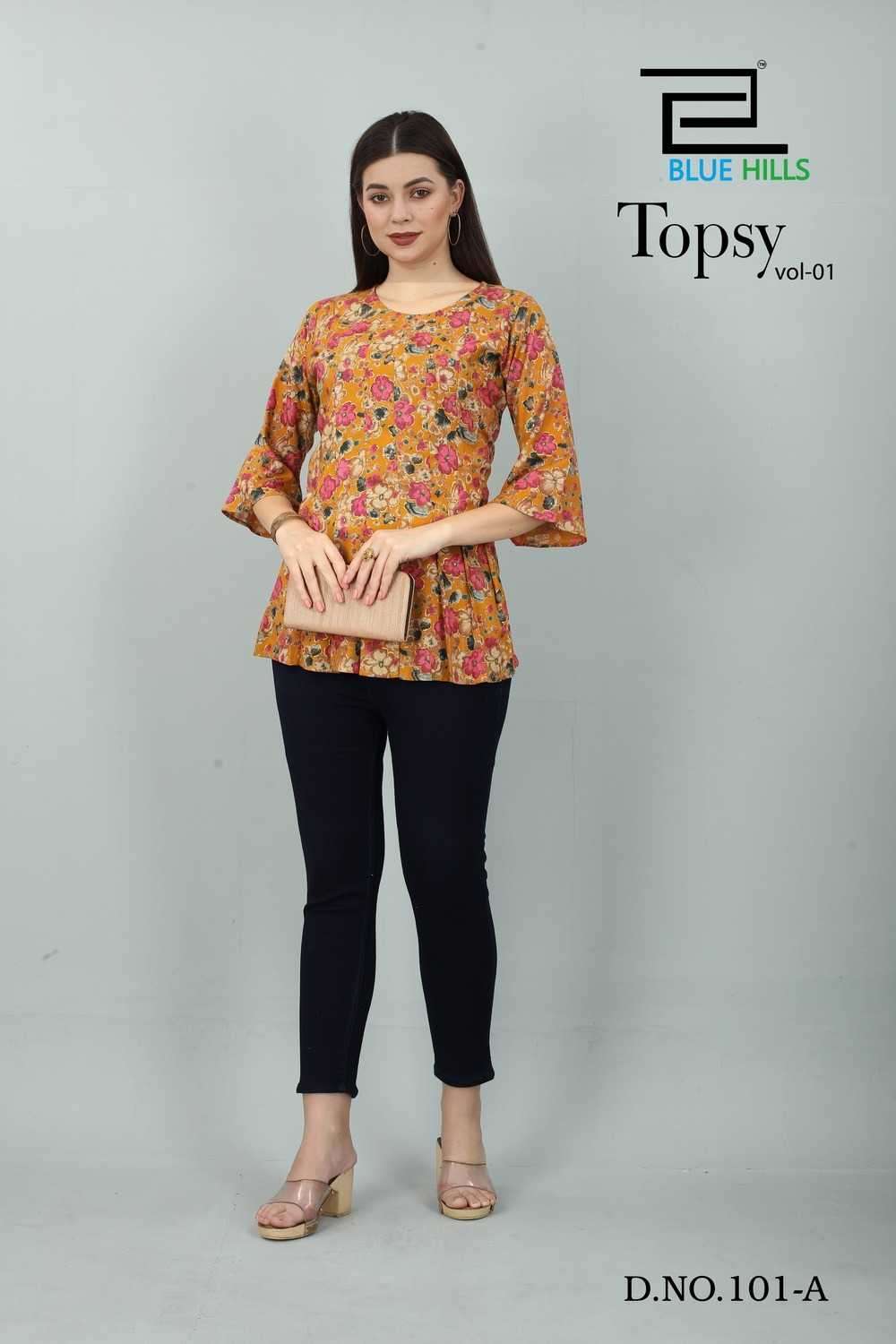 blue hills topsy vol 1 series 101 premium  14 kg RAYON print  kurti
