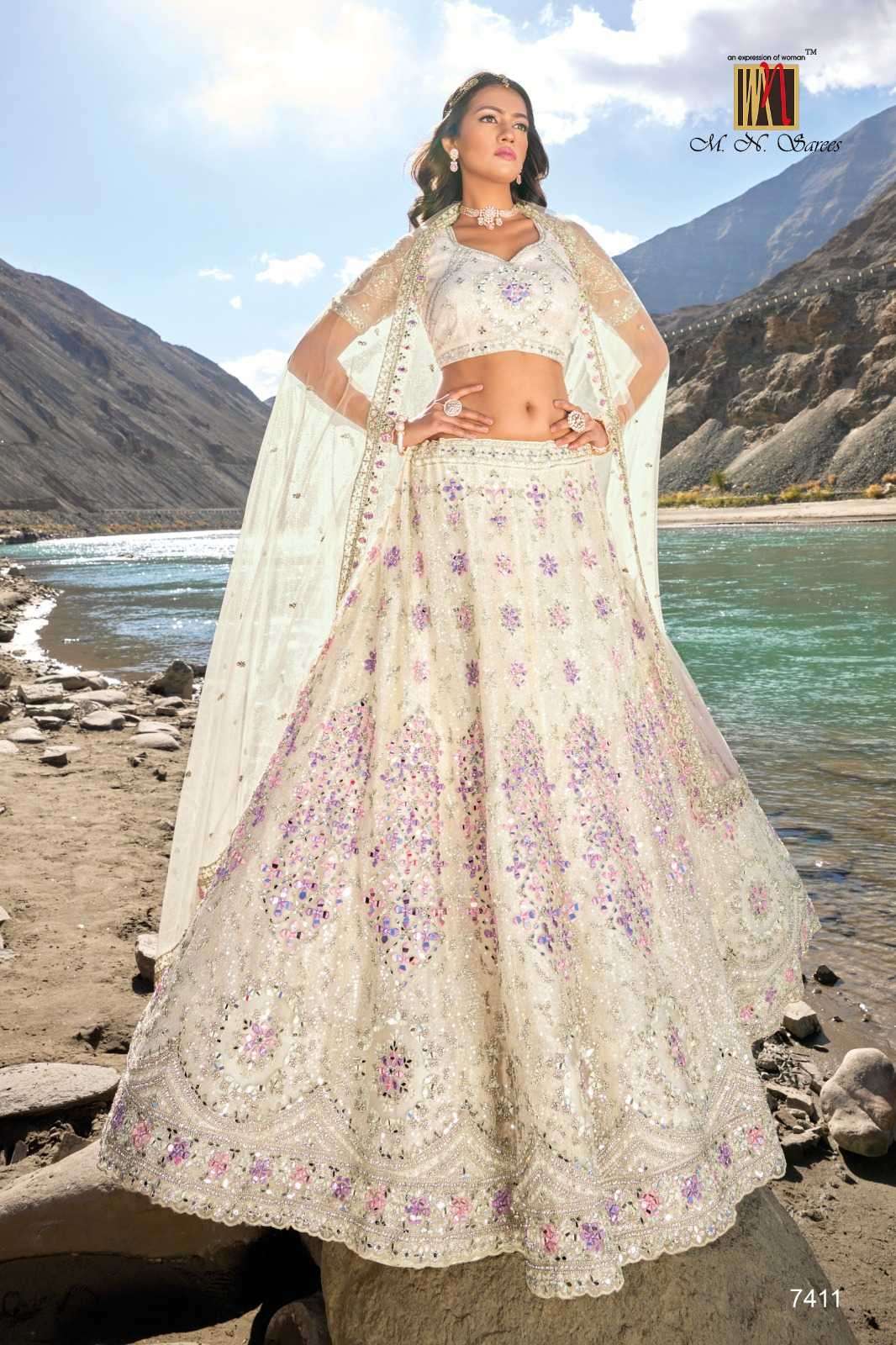mn sarees girlish lahenga 7400 series 7401-7412 pure net lehenga