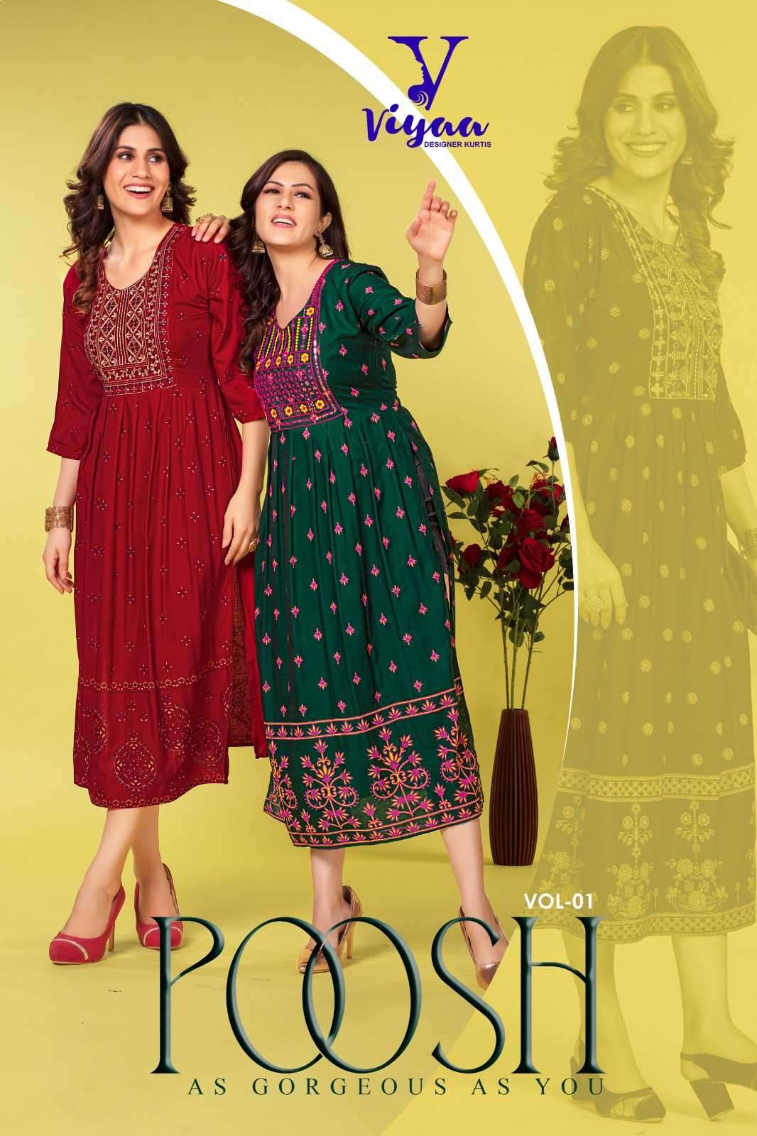viyaa designer poosh vol 1 series 101-106 Pure REYON FOIL PRINT kurti