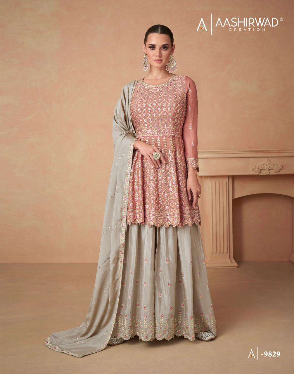 aashirwad aahana designer premium chinon silk suit 
