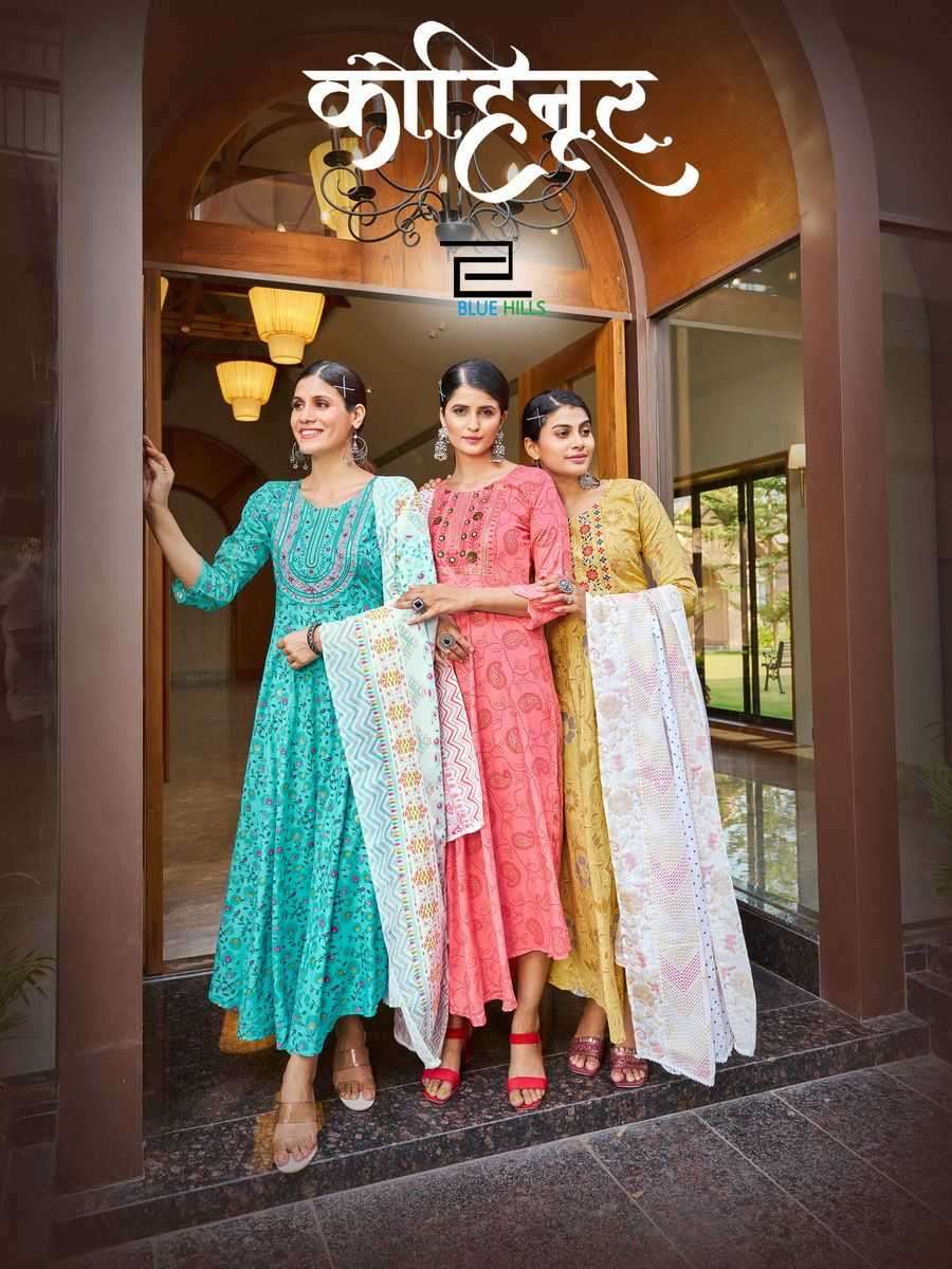 blue hills kohinoor series 1001-1006 rayon kurti with dupatta