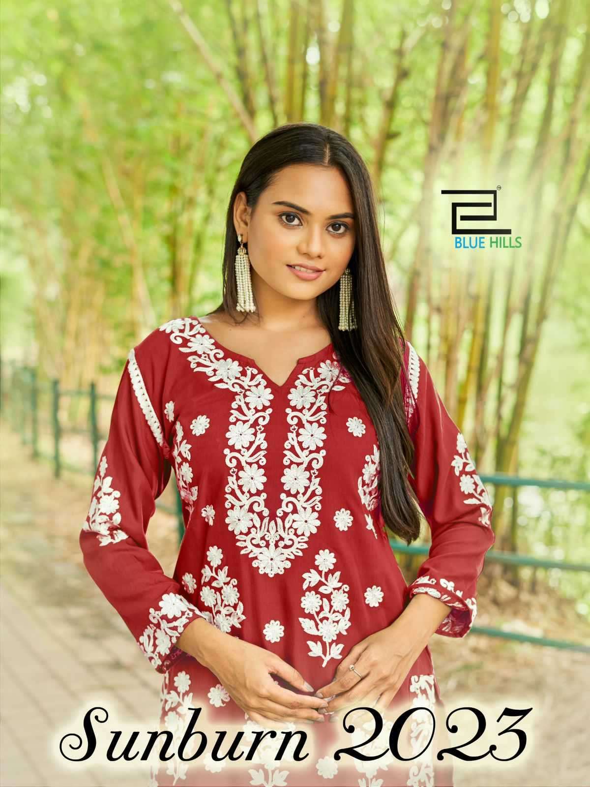 blue hills sunburn 2023 series 1001-1008 14 kg Rayon with work kurti with pant