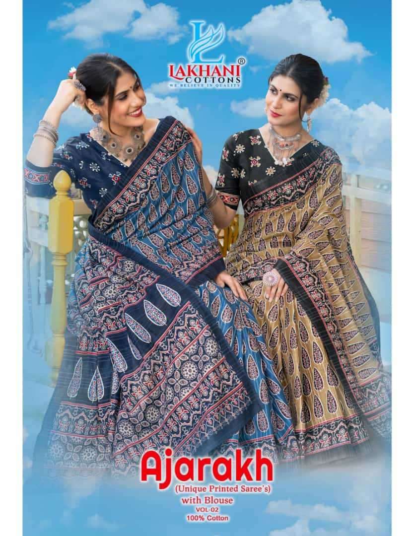lakhani cotton ajarakh vol 2 series 2001-2020 malai cotton saree