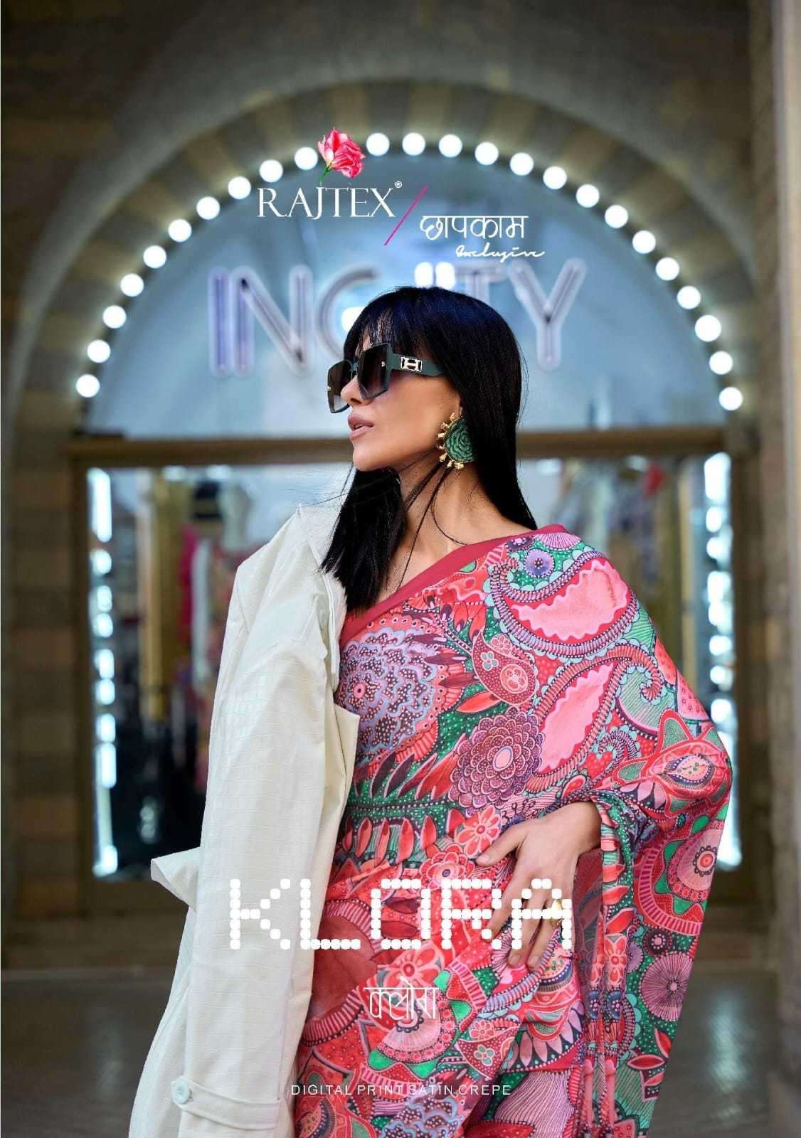 rajtex klora series 332001-332010 digital print satin crape saree