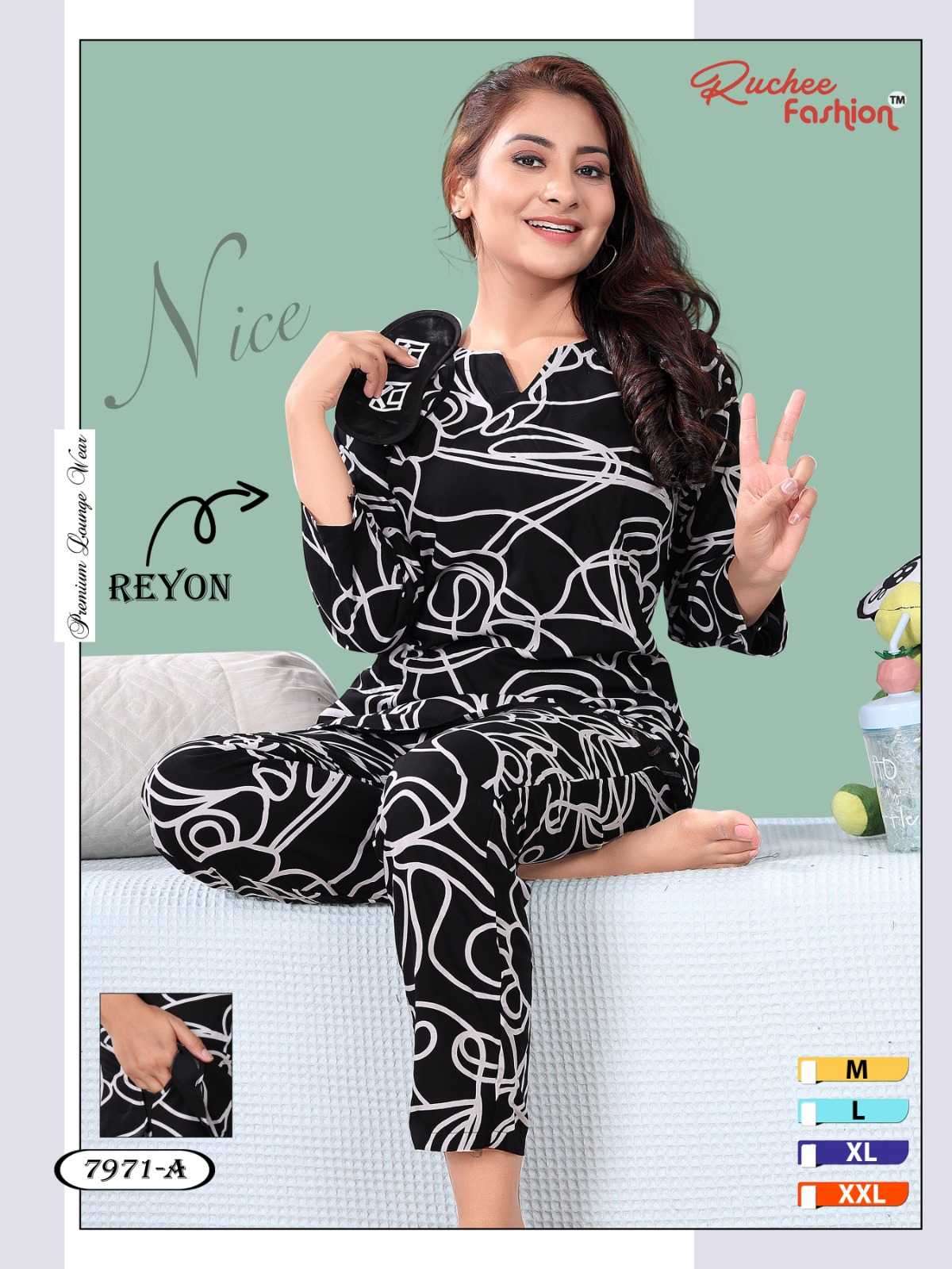 ruchee fashion rayon full sleeves fancy night suit combo set